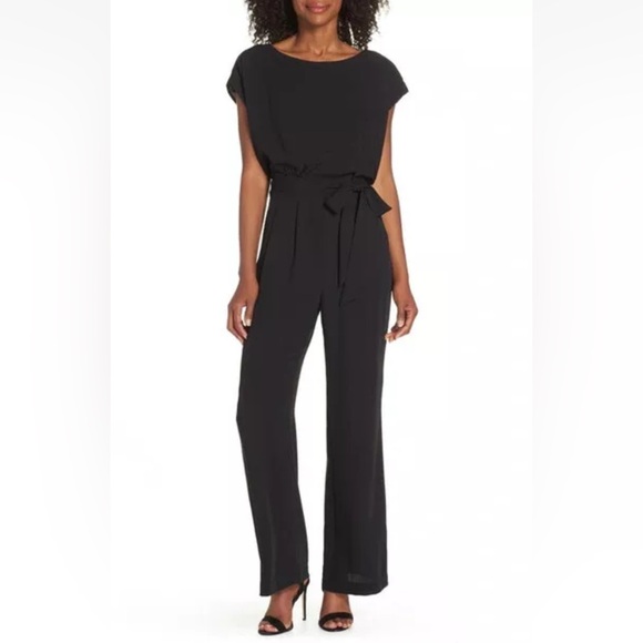 Eliza J Pants - Eliza J NWT Cap Sleeve Wide Leg Jumpsuit Belted Black Boatneck, 8
